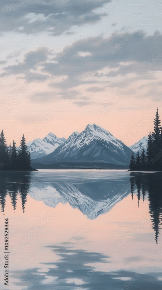 A stunning view of tranquil waters reflecting snow-capped mountains and evergreen trees at dawn. The soft pastels of the sky create a calm atmosphere in this picturesque setting.
