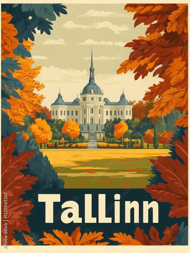 A stunning view showcases Tallinns historic building, framed by vibrant autumn foliage. The scene captures the essence of fall in the city, highlighting architectural beauty amid colorful trees.