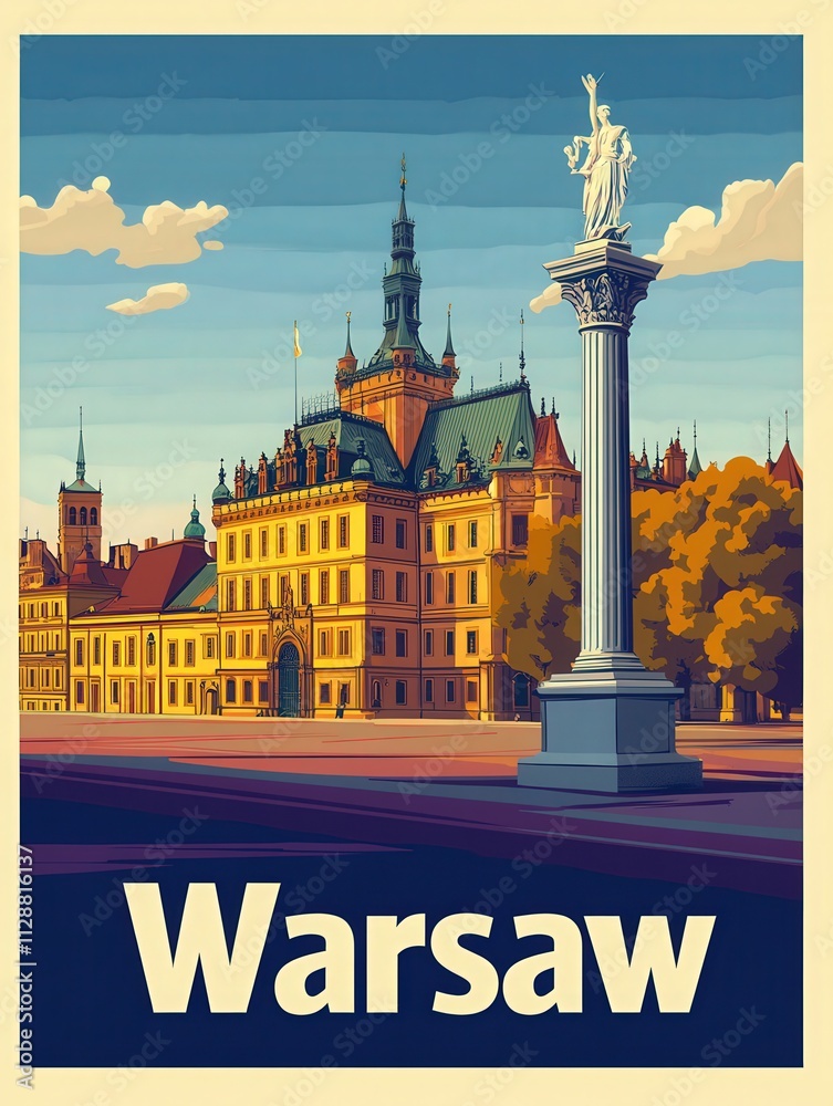 A stunning view showcases a grand building and an elegant statue atop a column in Warsaw. The bright sky and lush trees create a picturesque backdrop for this iconic city landmark.