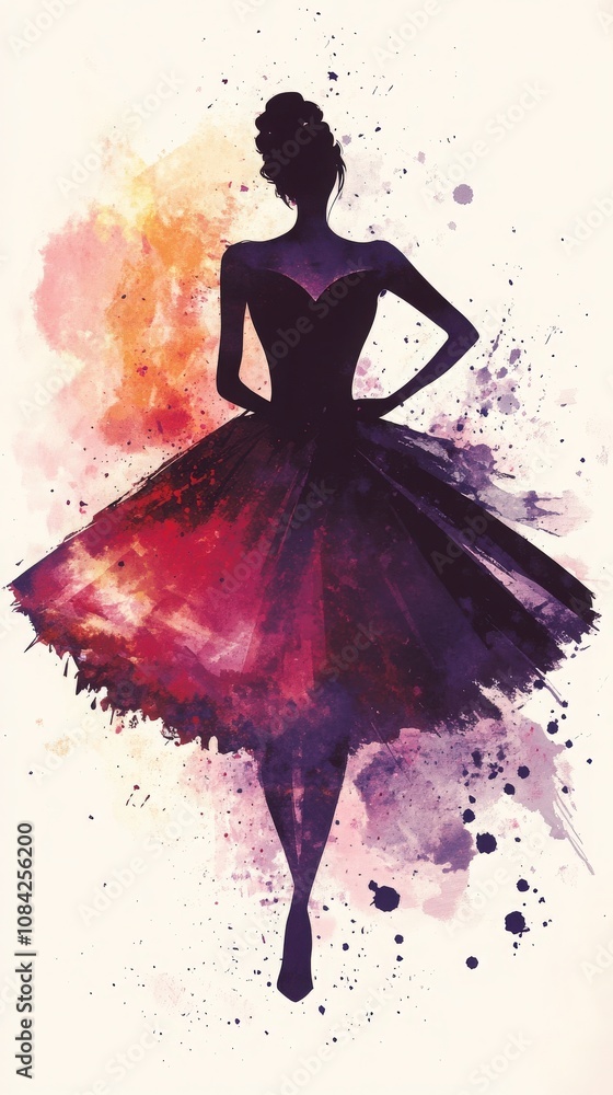 A stunning vintage haute couture sketch depicts a graceful silhouette wearing a flowing gown. The dress showcases a blend of vibrant colors and splashes, evoking an artistic essence from a bygone era.
