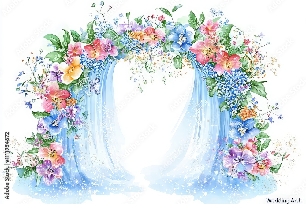 A stunning wedding arch adorned with colorful flowers and soft flowing fabrics creates a romantic backdrop for a ceremony. The vibrant blooms enhance the joyful atmosphere of the event.