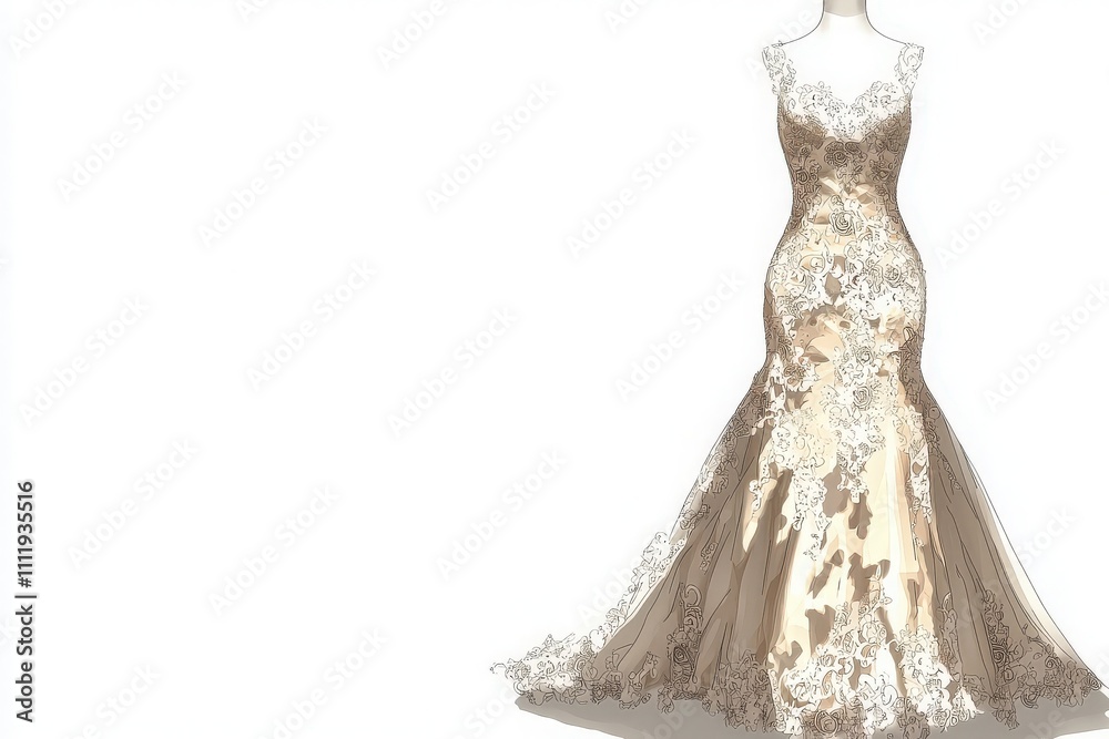 A stunning wedding dress displays a fitted silhouette and elegant lace detailing. The soft, flowing fabric drapes beautifully, ideal for a romantic wedding setting.