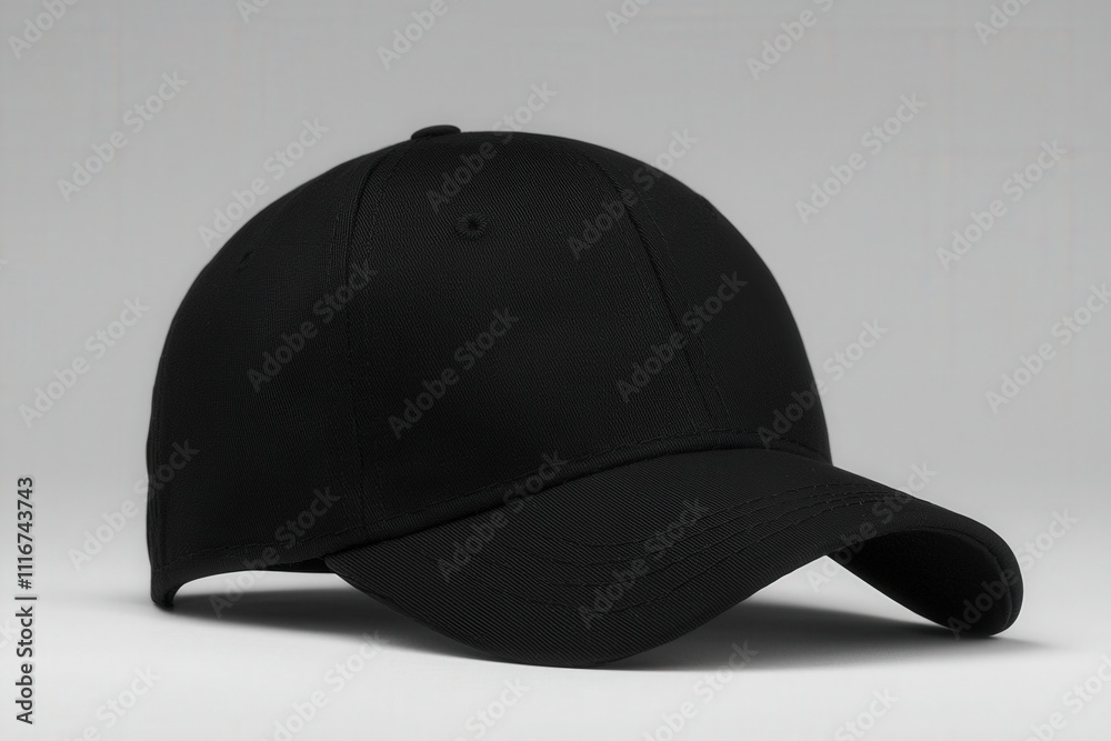A stylish black baseball cap is positioned prominently on a neutral light gray background, highlighting its simple yet elegant design. This versatile accessory is perfect for casual wear.