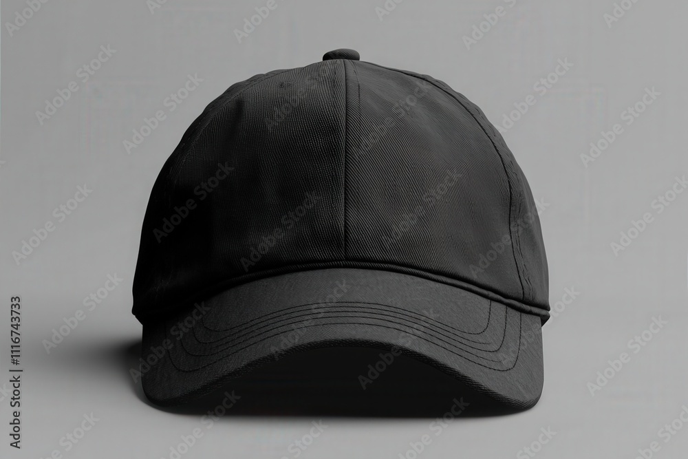 A stylish black cap is prominently displayed against a subtle gray background. The cap features a curved brim and a structured shape, showcasing its modern design. Ideal for casual outfits.