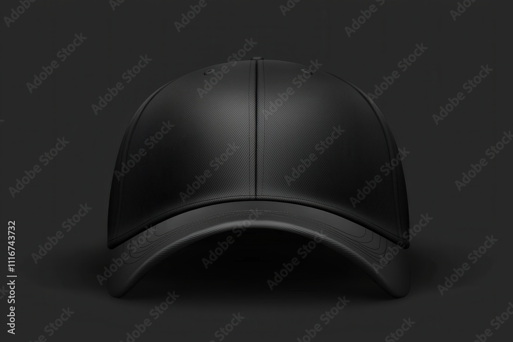 A stylish black cap sits centered against a dark background, showcasing its minimalistic design and smooth texture, appealing to contemporary fashion lovers and casual wearers.