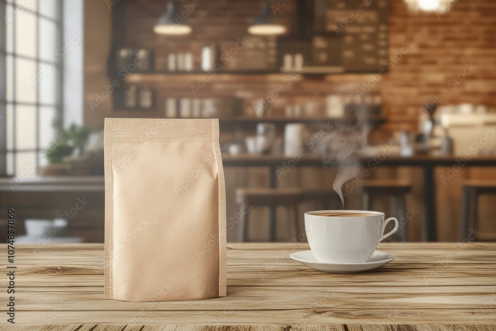 A stylish coffee bag is set on a wooden table, complemented by a steaming cup of coffee. The inviting cafe atmosphere features warm lighting, creating a perfect spot for coffee lovers.