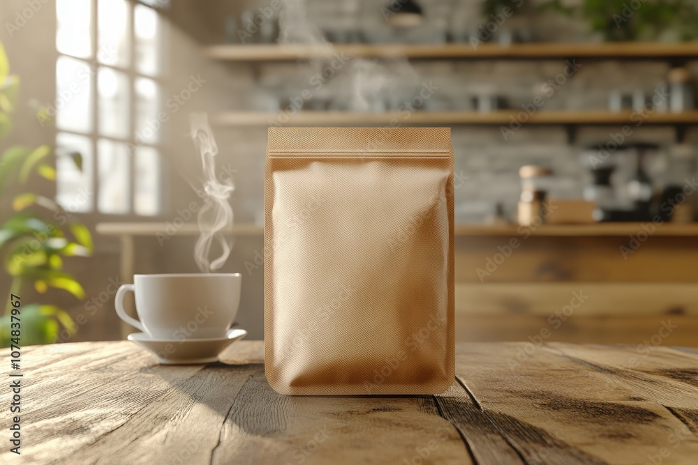 A stylish coffee bag sits prominently on a rustic wooden table beside a steaming cup of coffee, creating a warm and inviting atmosphere in a cozy cafe environment.