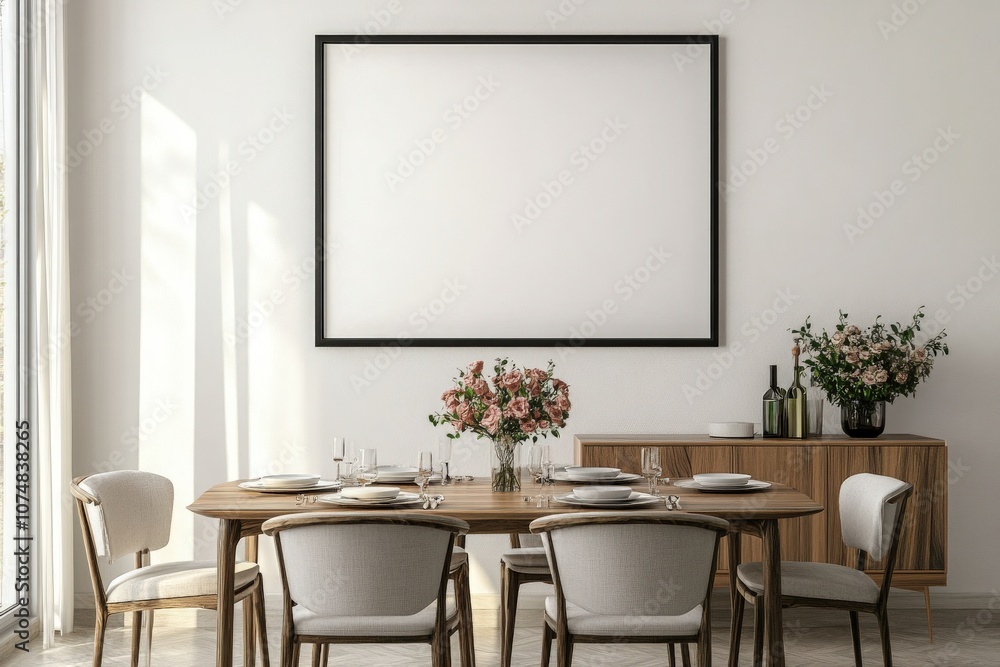 A stylish dining area showcases a large empty black rectangular frame mounted on a white wall, inviting personal artwork. The space is adorned with a wooden table, elegant chairs, and fresh flowers.