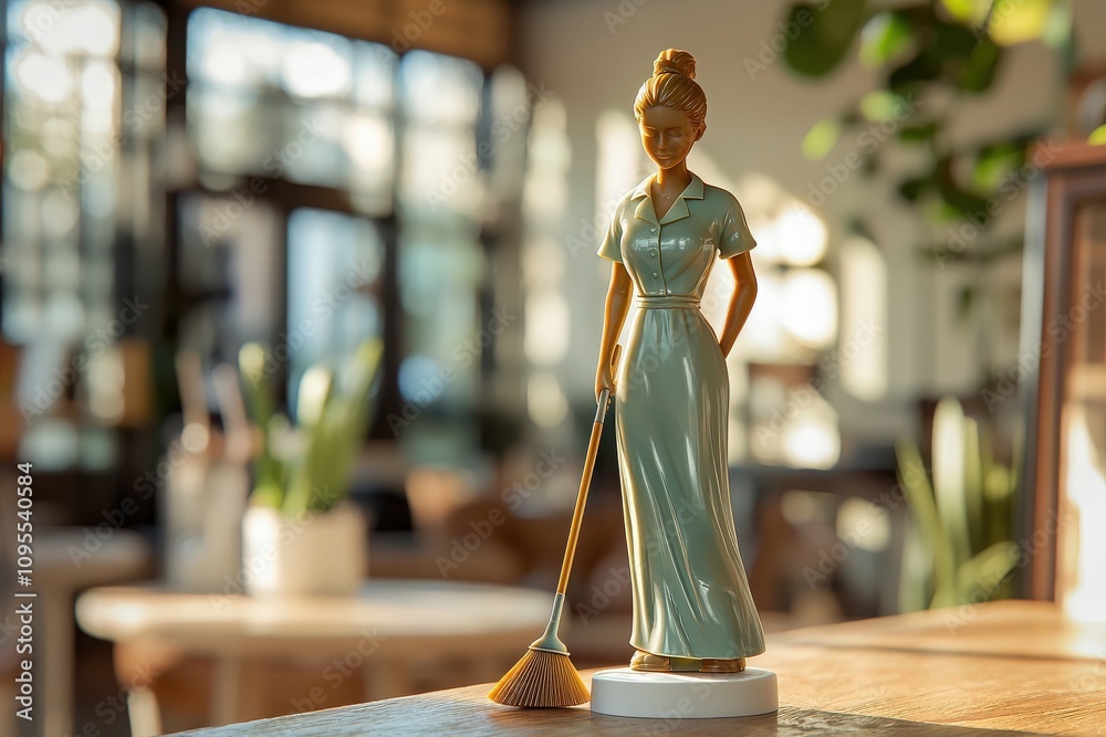 A stylish figurine of a woman dressed in a vintage green dress is holding a broom.