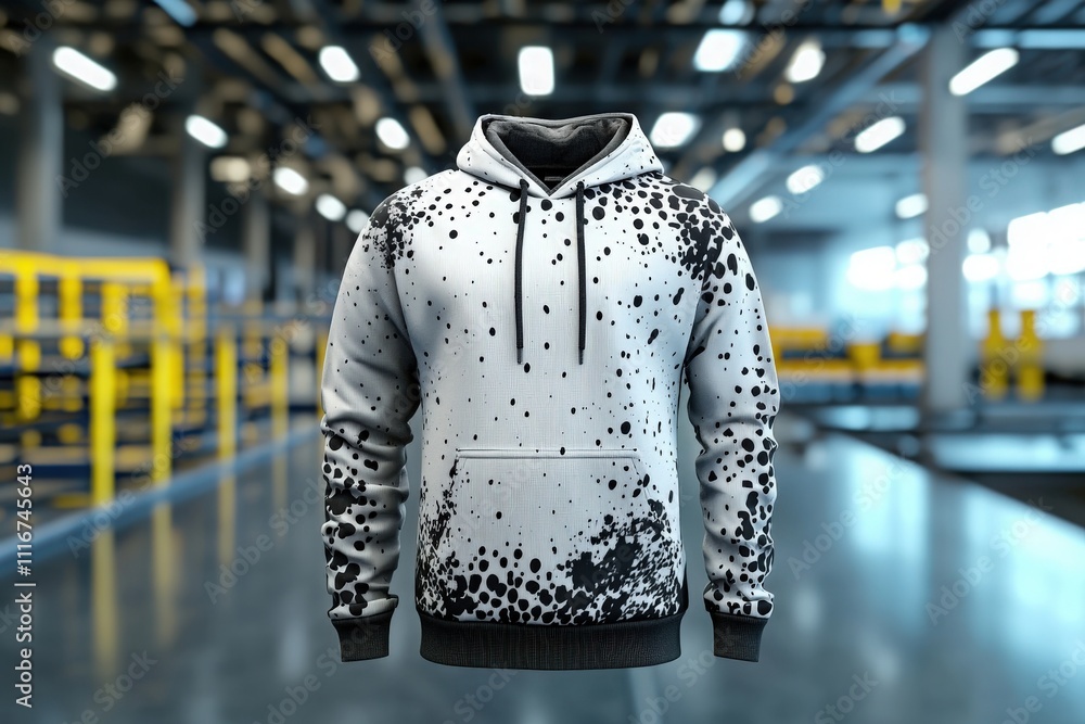 A stylish gray hoodie featuring a striking black splatter design stands prominently against an industrial backdrop. The bright lights and open space emphasize its modern appeal.