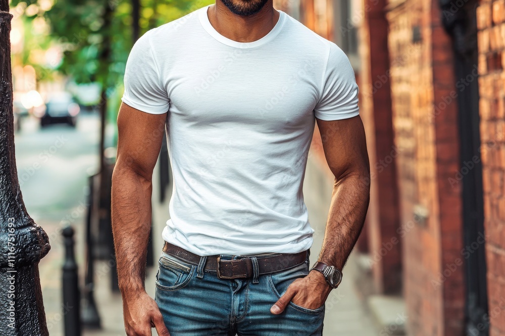 A stylish man dressed in a slim white t-shirt and jeans strolls through a vibrant urban environment. Sunlight filters through trees lining the street, enhancing the lively atmosphere.