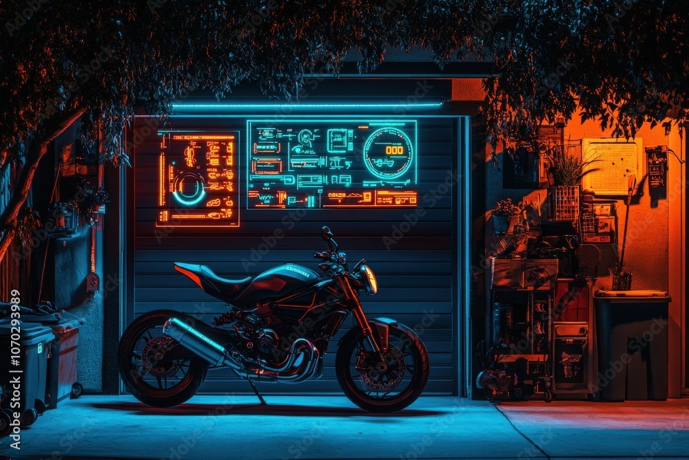 A stylish motorcycle is positioned in front of a garage, illuminated by vibrant neon digital displays. The surrounding environment features tools and storage, creating a unique contrast at twilight.