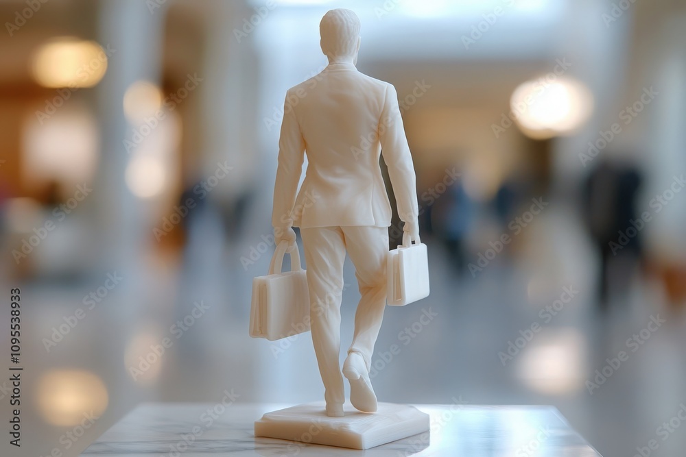 A stylish sculpture of a businessperson dressed in a suit, walking confidently while carrying two briefcases. The backdrop features a lively setting filled with people going about their day.