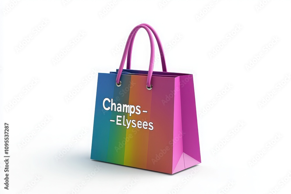 A stylish shopping bag displays a vibrant gradient of colors with the words Champs Elysees prominently featured. The bag is perfect for carrying items from a day of shopping in Paris.