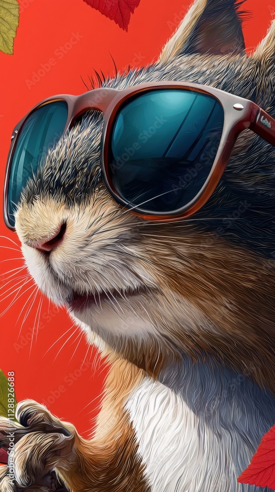 A stylish squirrel wearing sunglasses is photographed against a vivid red background adorned with autumn leaves. Its relaxed expression captures the playful essence of a sunny fall day.