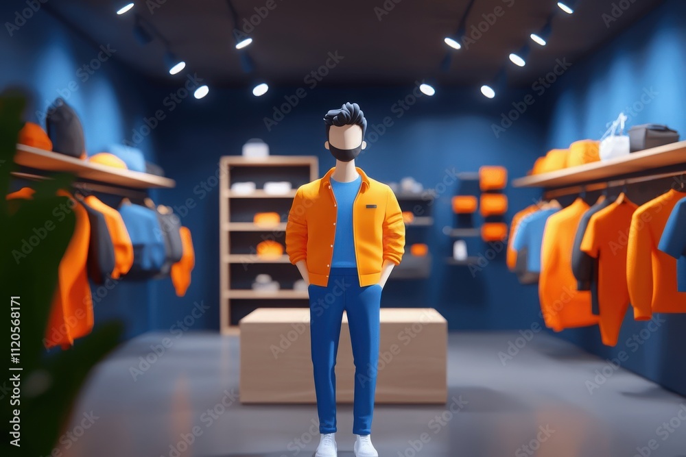 A stylized 3D character is positioned in a contemporary retail space, surrounded by bright orange clothing. The organized displays and ambient lighting enhance the lively shopping atmosphere.
