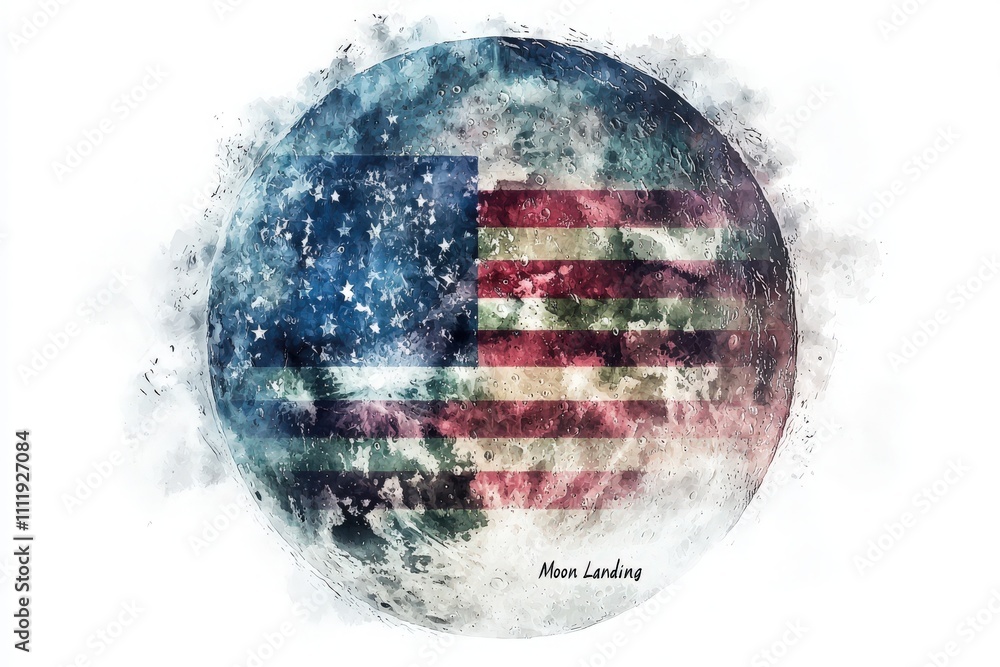 A stylized depiction of the moon featuring an overlay of the American flag, capturing the spirit of lunar exploration. The artwork reflects the historic moon landing and celebrates space achievement.