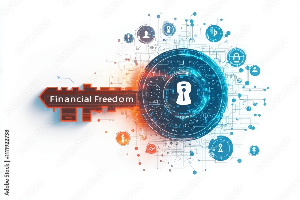 A stylized key labeled financial freedom unlocks a digital padlock. Surrounding it are various technology symbols representing connectivity and wealth opportunities in the modern world.