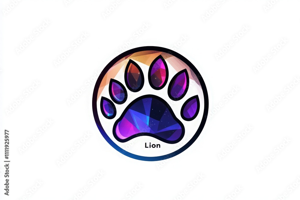 A stylized lion paw print with vibrant colors blends shades of purple and blue, showcasing a geometric pattern. This eye-catching design symbolizes bravery and majesty in wildlife.