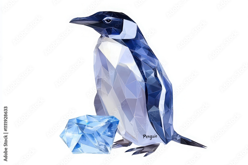 A stylized penguin stands next to a sparkling blue crystal, showcasing a creative geometric design. The artwork combines modern artistic elements with a cool color palette.