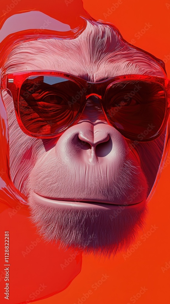 A stylized representation of a gorilla with bright red sunglasses, set against a vivid orange backdrop, creating a striking visual effect. The image captures the playful nature of the design.