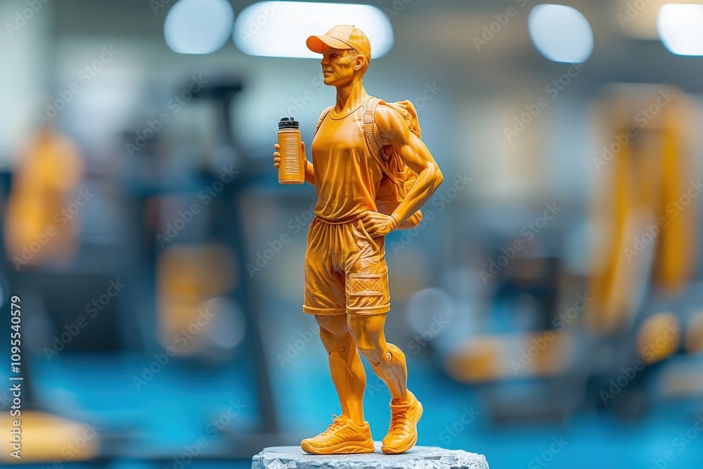 A tall muscular figurine stands confidently in a gym environment, wearing sports attire and holding a water bottle. The background features exercise equipment and bright lighting, emphasizing fitness.