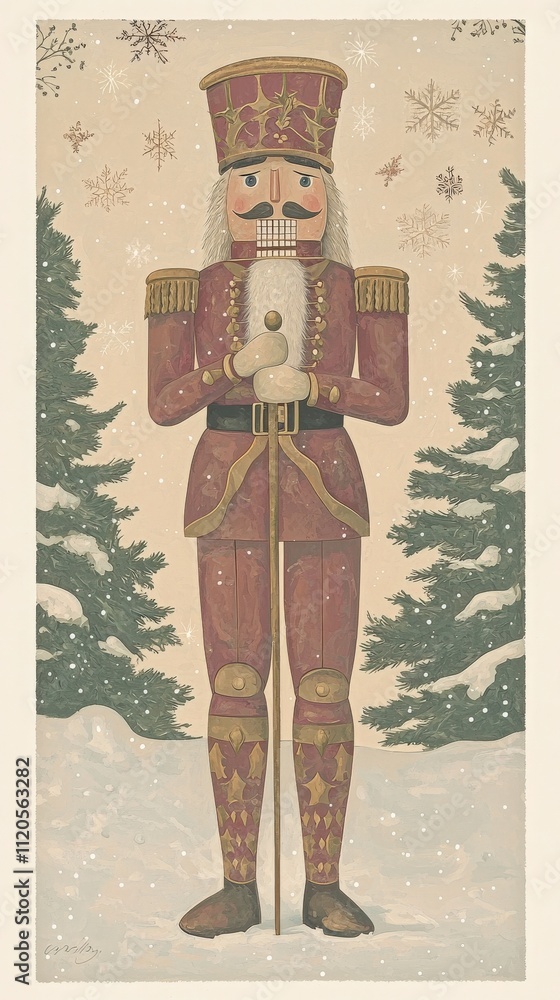 A tall nutcracker soldier, wearing a detailed red and gold uniform, holds a small item in his hands. He stands in a snowy area, with evergreen trees and falling snowflakes in the background.