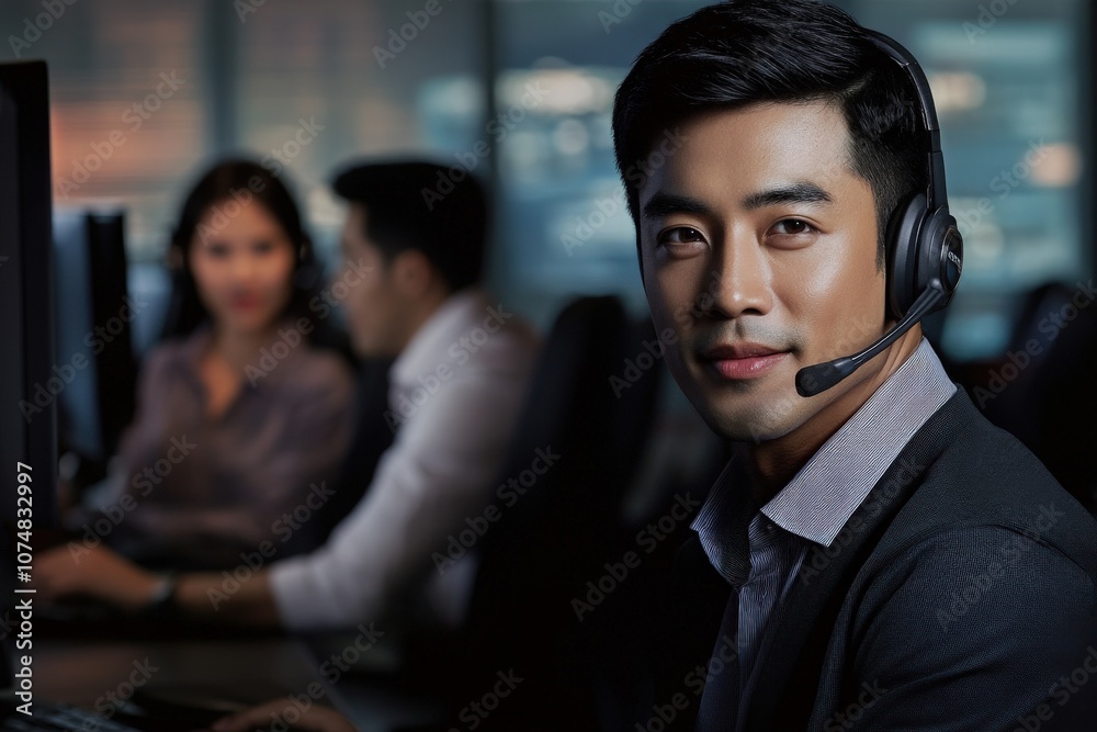 A team of Asian IT support professionals is actively engaged in providing assistance to clients in a contemporary office space, showcasing their expertise in technology and customer service.