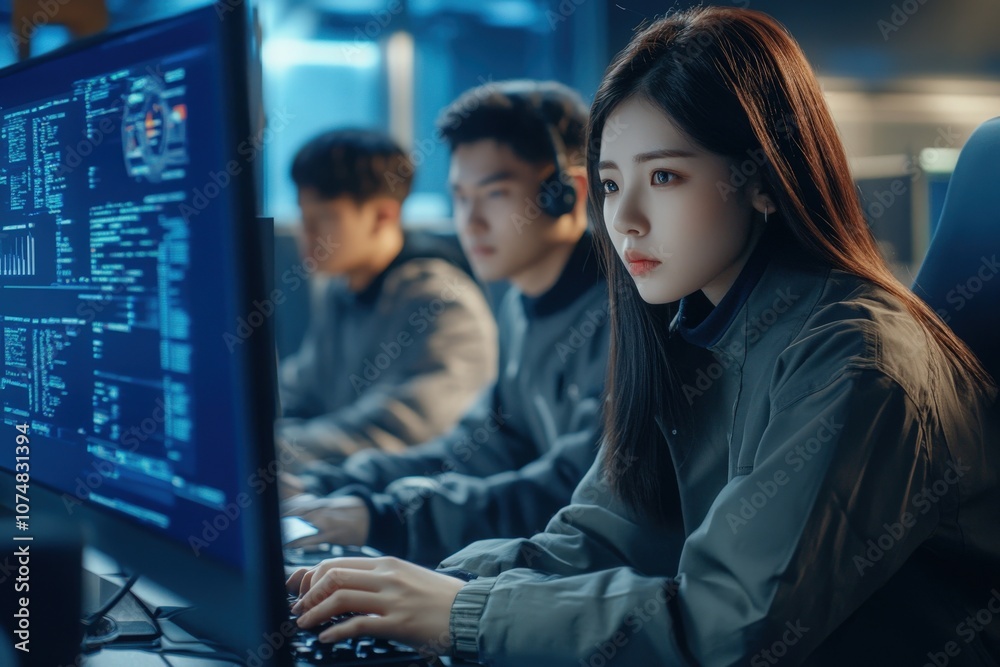 A team of Asian cybersecurity experts is focused on managing complex systems at their desks in a sleek office environment. The atmosphere is illuminated by computer screens displaying critical data.