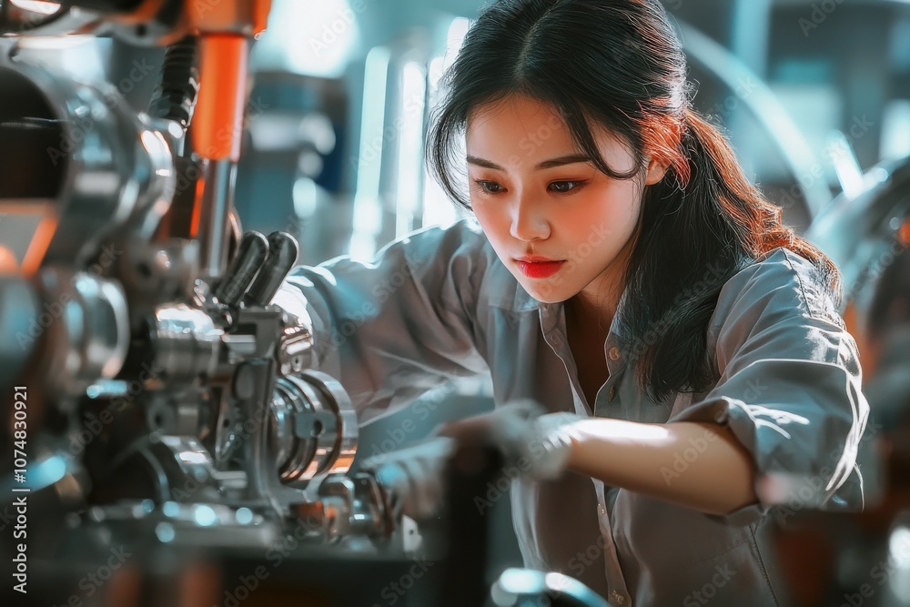 A team of Asian professionals meticulously inspects machinery for quality assurance in a modern factory. Their focus highlights the importance of precision in manufacturing processes.