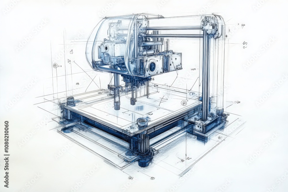 A technical drawing showcases a modern printer design, highlighting its intricate components, assembly details, and specifications in a precise manner.