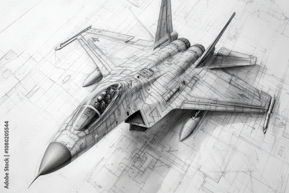 A technical sketch drawing displays a jet fighter, emphasizing its sleek design and engineering intricacies. The detailed blueprint highlights various features essential for flight performance.