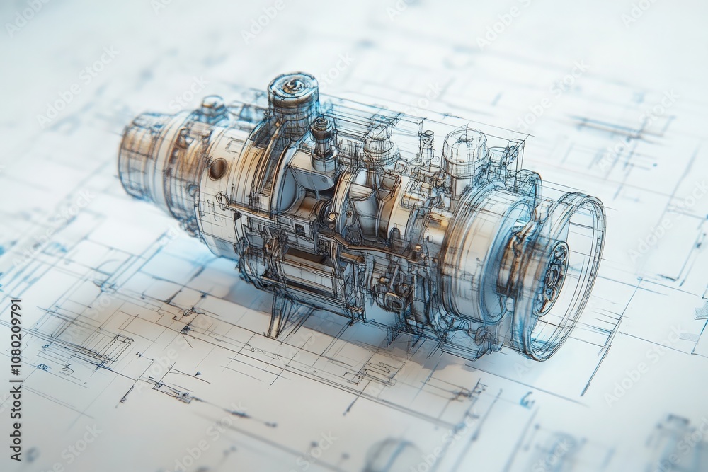 A technical sketch drawing illustrates the intricate design of an automobile engine, showcasing various components and assembly details that highlight engineering expertise.