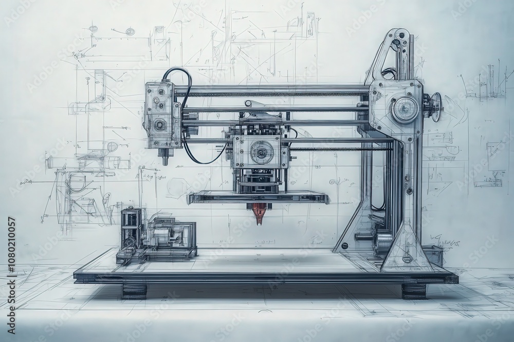 A technical sketch illustrates a 3D printer with intricate details, highlighting its design, structural features, and mechanical components in a creative engineering perspective.