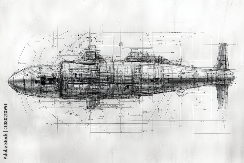 A technical sketch illustrates a deep-sea exploration vehicle, showcasing intricate designs and measurements. This detailed drawing represents advanced engineering for underwater exploration.