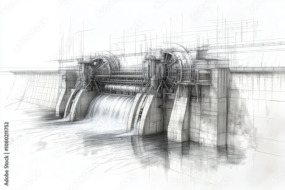 A technical sketch illustrates a hydroelectric dam emphasizing its design details, including large turbines at the water release area. The flowing water signifies the generation of energy.