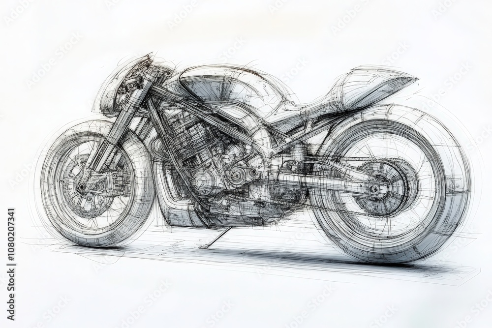 A technical sketch illustrates a motorcycle featuring various design elements and mechanical components. The drawing showcases the precise structure, highlighting the bikes innovative engineering.