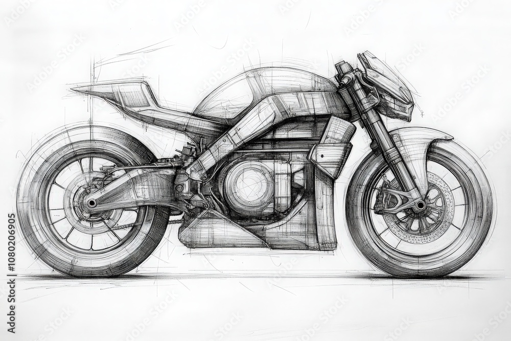 A technical sketch illustrates an innovative motorcycle design showcasing its engineering elements and aerodynamic structure.