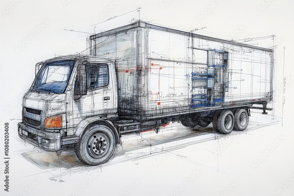 A technical sketch illustrates the design of a delivery truck, highlighting its dimensions and structural components. The drawing captures the essential features and layout of the vehicle.