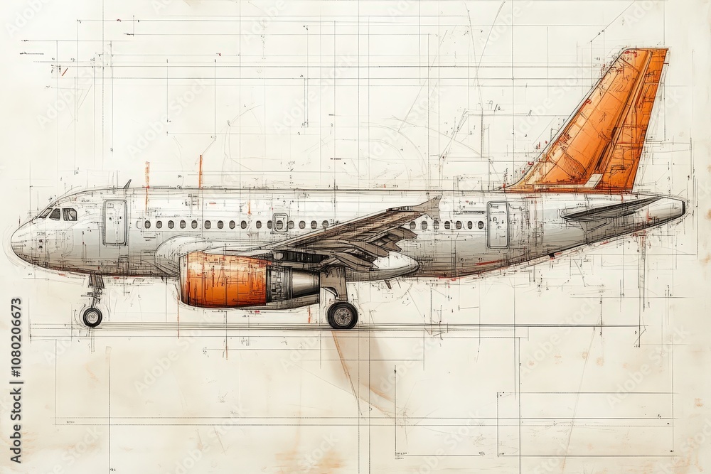 A technical sketch illustrating a modern aircraft, highlighting its innovative design, structure, and engineering specifications. The drawing emphasizes the aircrafts features in precise detail.