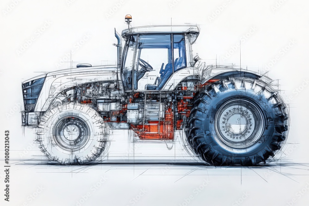 A technical sketch illustrating a modern tractors design, highlighting its intricate mechanical components and structure. The drawing emphasizes various design elements and engineering features.