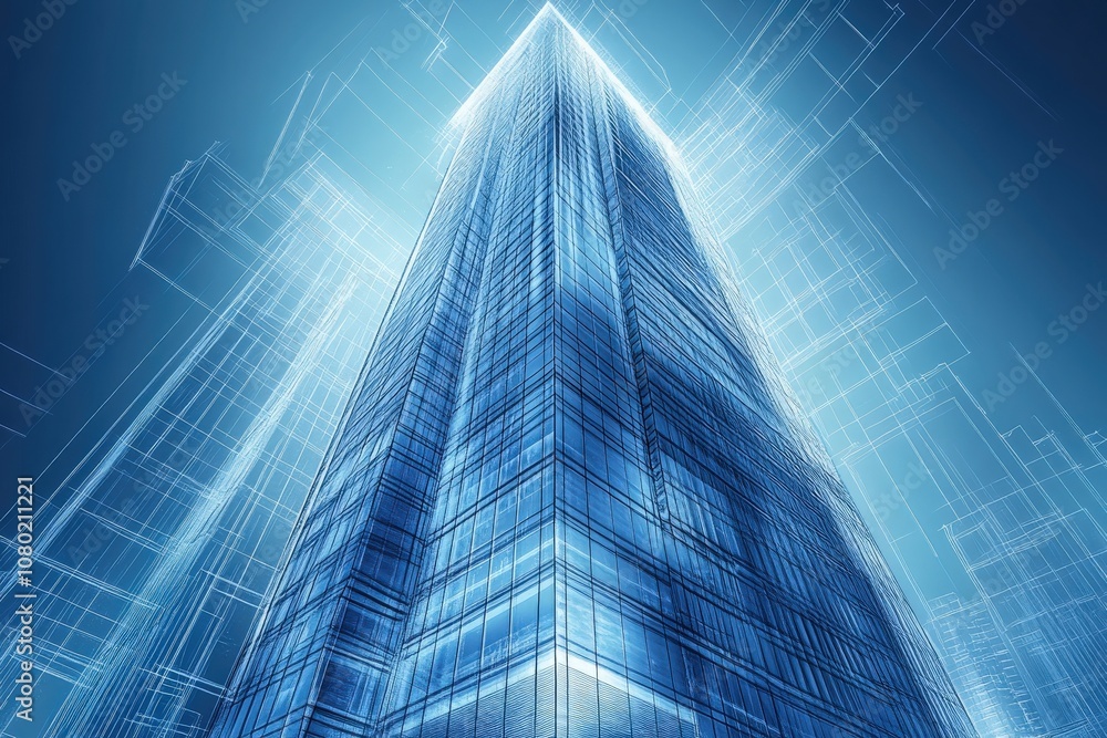 A technical sketch illustrating the concept of a modern high-rise building, emphasizing its intricate lines and architectural features.