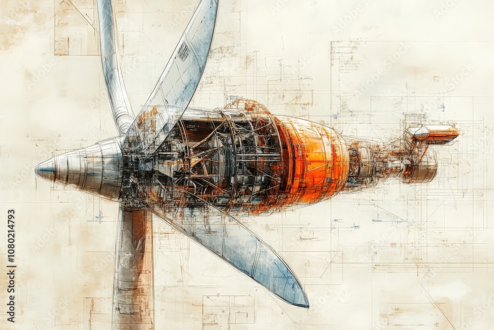 A technical sketch illustrating the intricate design and mechanics of a wind turbine. The drawing depicts various components, highlighting the technology behind energy generation.