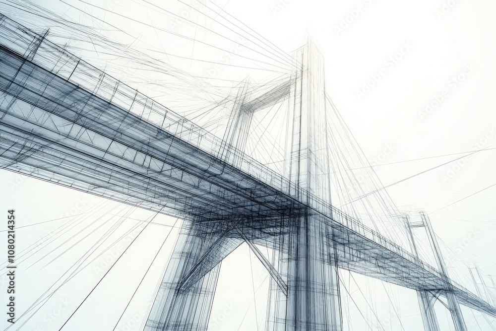 A technical sketch illustrating the structure of a modern suspension bridge, emphasizing the intricate design and engineering details that contribute to its stability and aesthetic appeal.