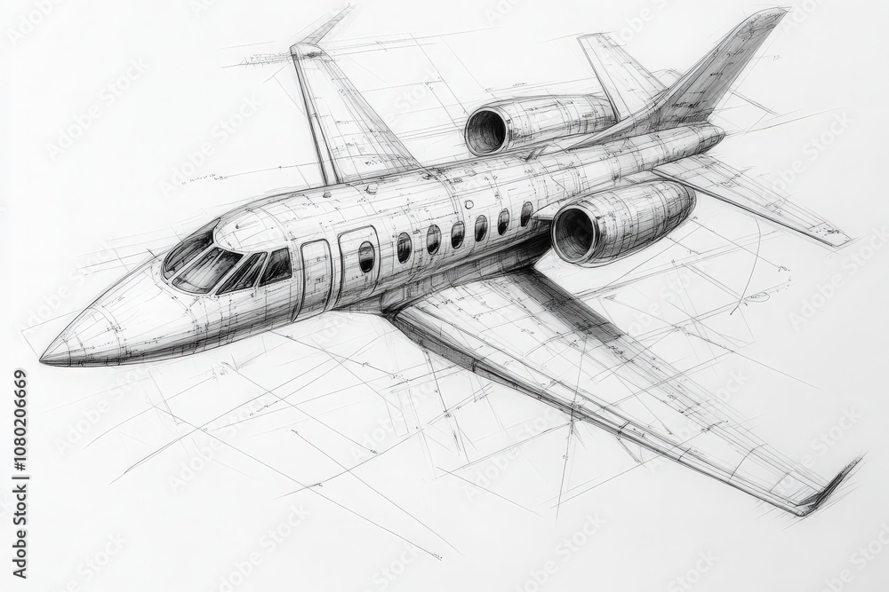 A technical sketch of a modern aircraft highlights intricate design and engineering precision, focusing on aerodynamic efficiency within a conceptual framework.