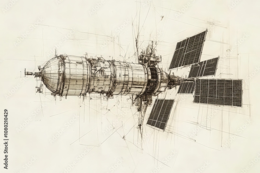 A technical sketch showcases a detailed design of a futuristic communications satellite featuring solar panels and intricate structures.
