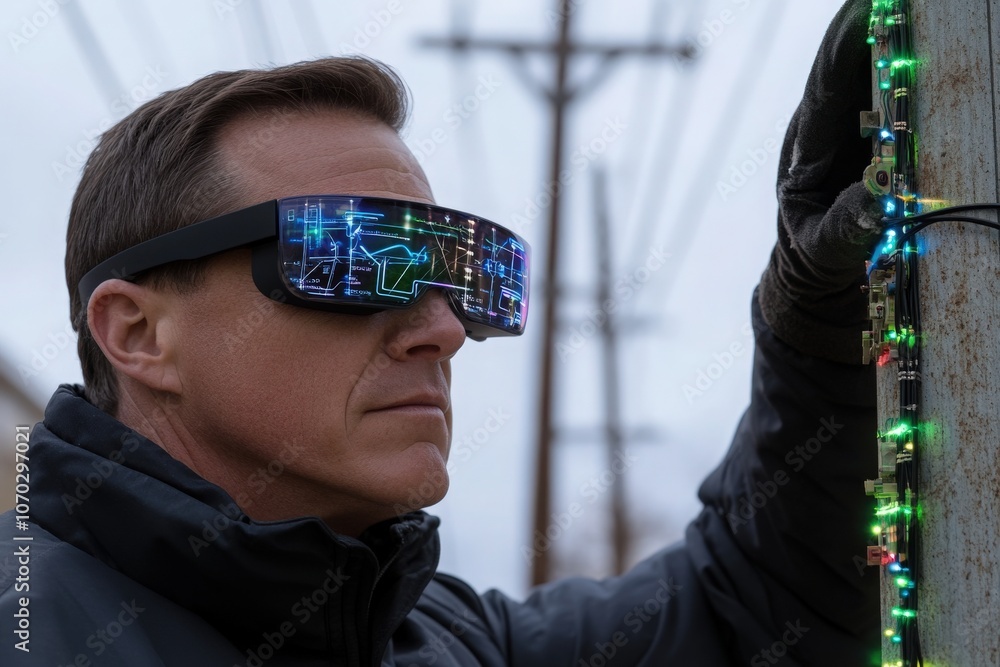 A technician equipped with augmented reality glasses examines electrical connections outdoors on a cloudy day. Tools and wires are visible, showcasing a hands-on inspection process.