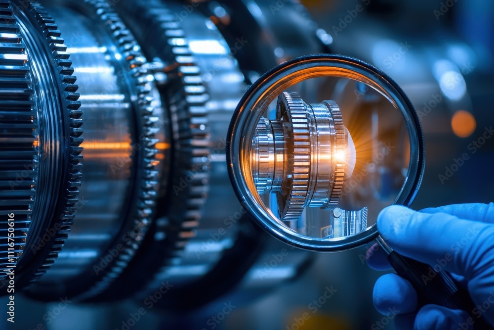 A technician examines intricate mechanical gears using a magnifying lens, revealing fine details and precision engineering. The setting is an industrial environment with a focus on quality.