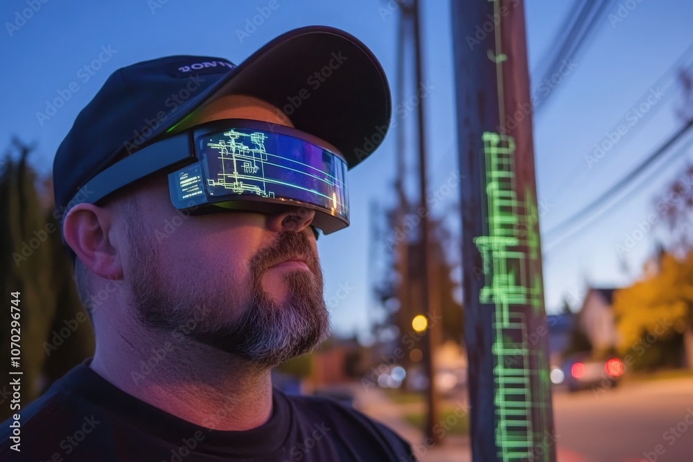 A technician in AR glasses examines utility infrastructure at dusk. The glasses display data superimposed on the environment, aiding in the assessment of nearby power lines.