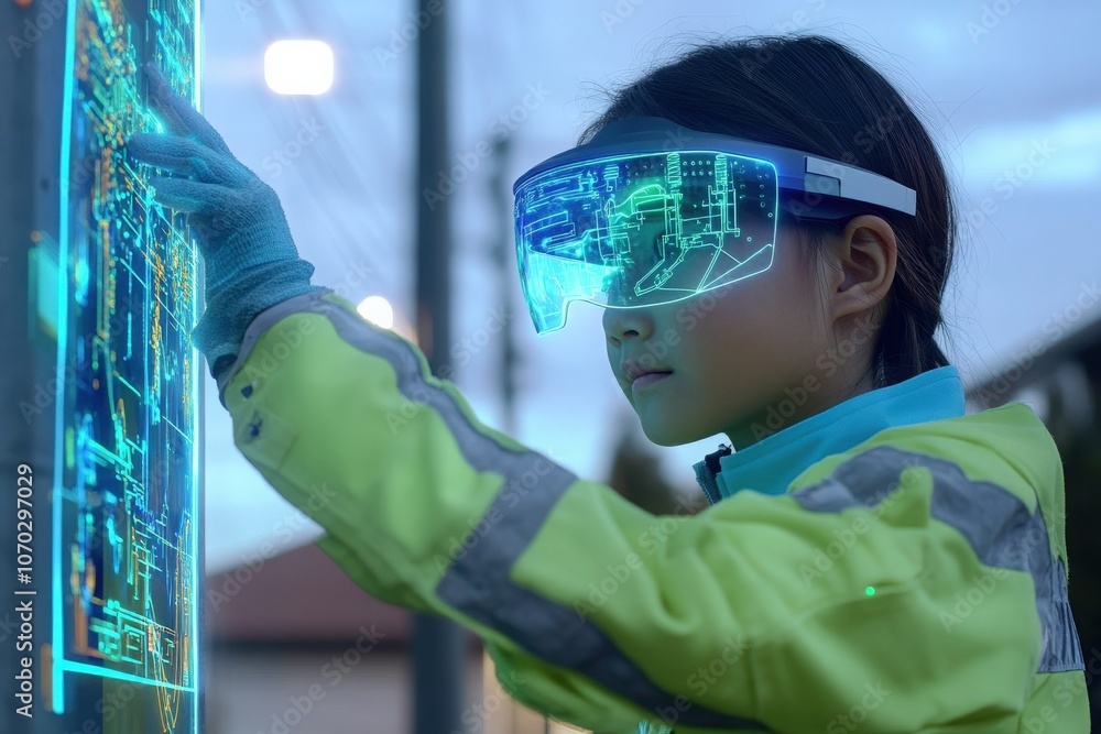 A technician in a bright jacket uses augmented reality glasses to interact with a futuristic digital interface. The setting is during dusk, with artificial lights illuminating the surroundings.